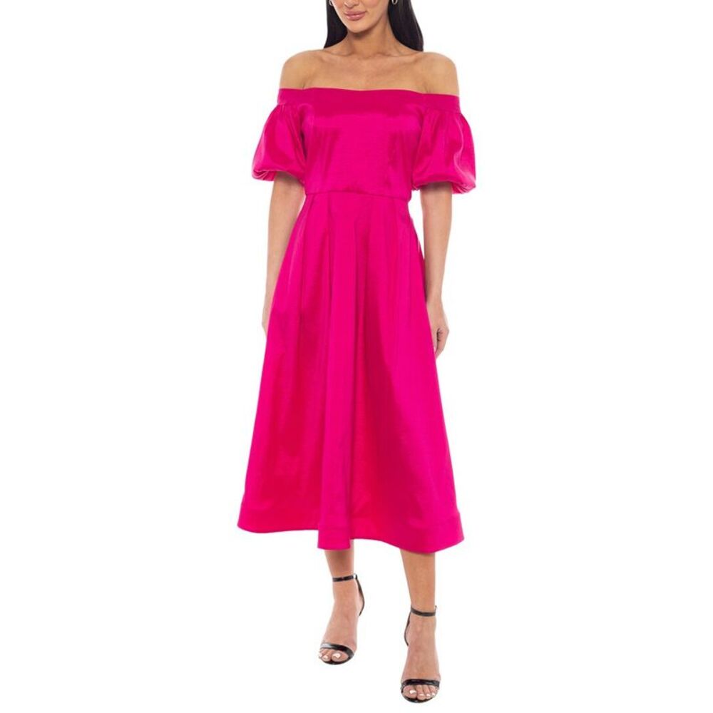Marina Womens Puff Sleeves Midi Dress, Pink